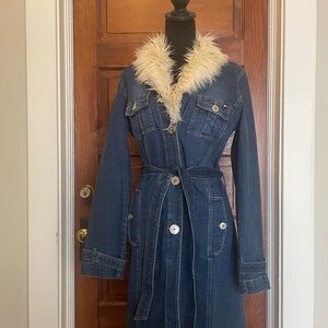 Tommy Hilfiger Denim Trench Coat with Faux Fur Collar